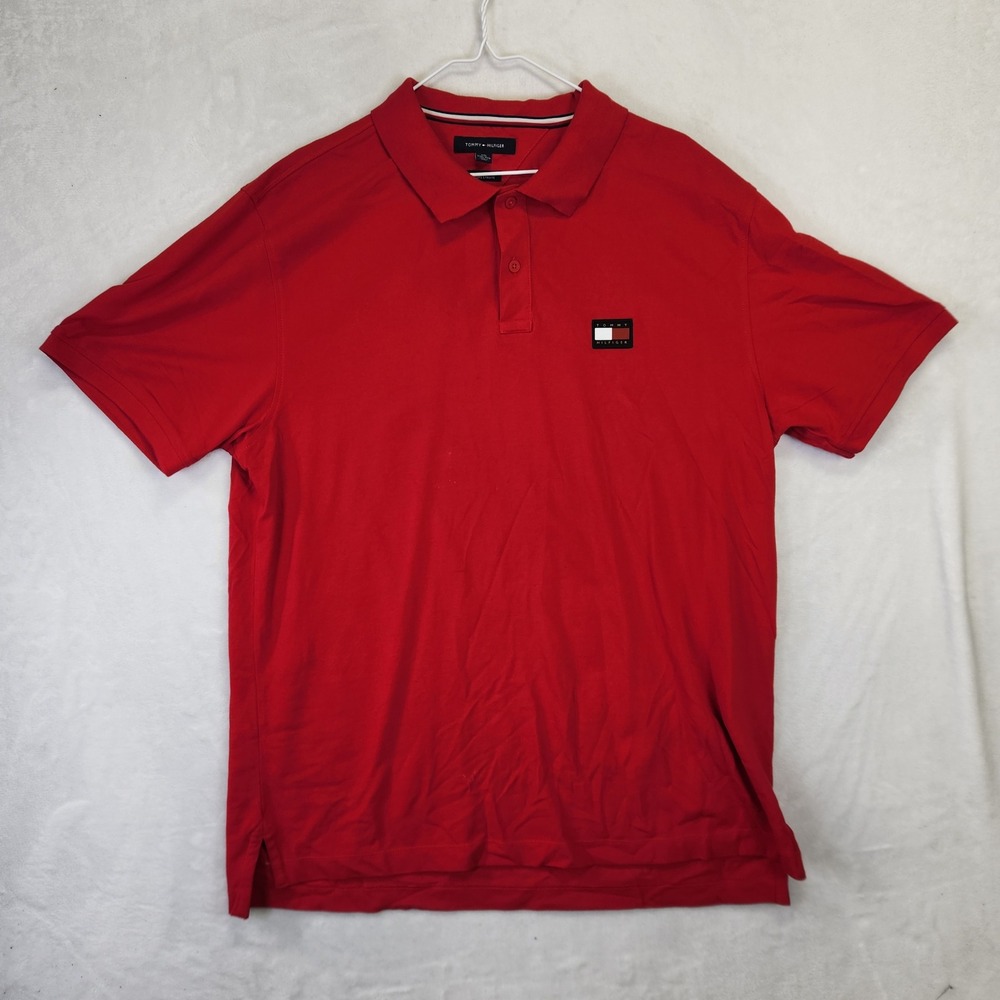 Tommy Hilfiger Mens Red Slim Fit Short Sleeve Pique‎ Polo Shirt XXL Logo Patch